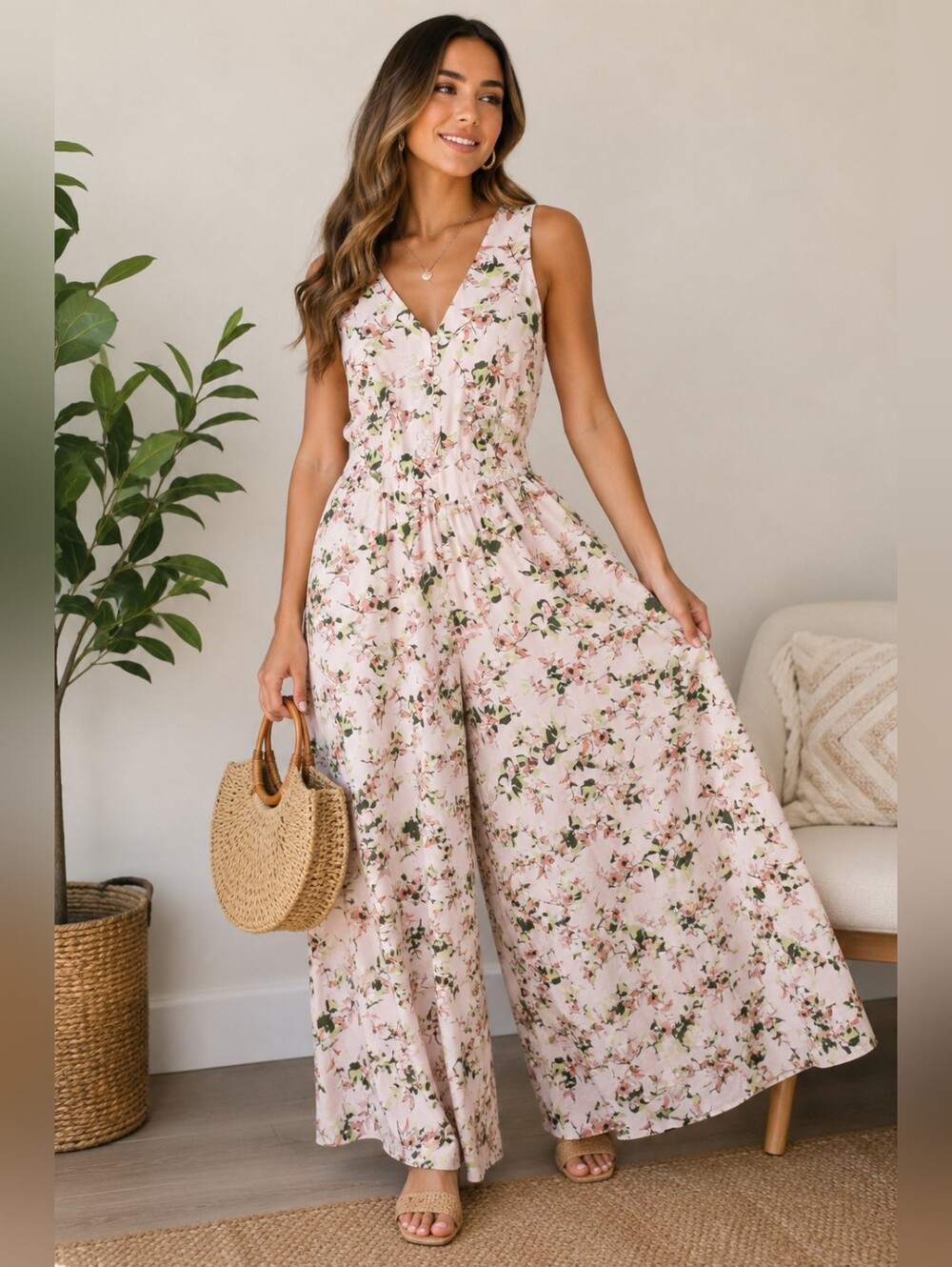 Pink Floral Wide Leg Jumpsuit | Smocked Back | Sleeveless | Size Small